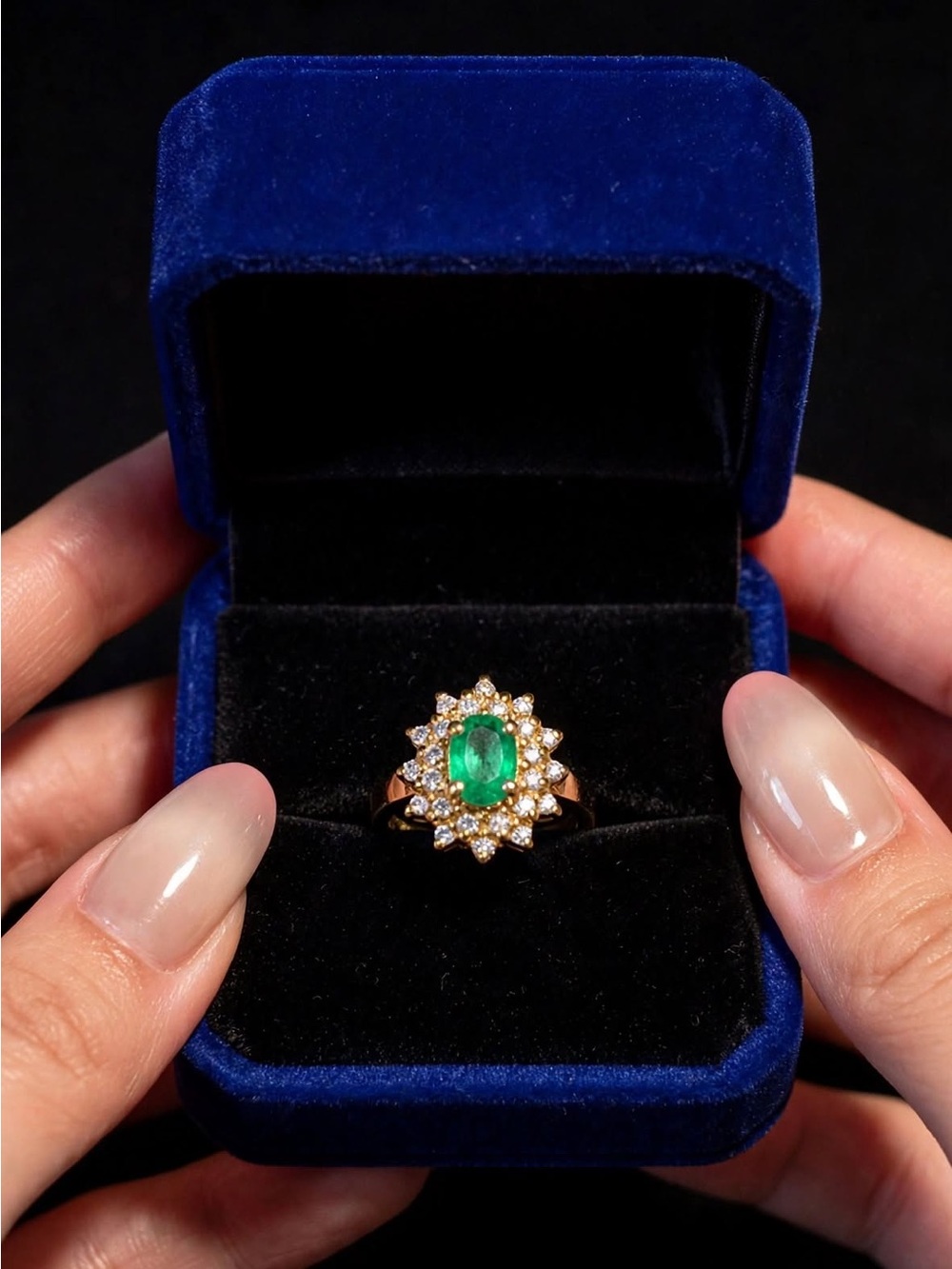 Gold Emerald Halo Ring with Clear Accent Stones - Women Jewelry